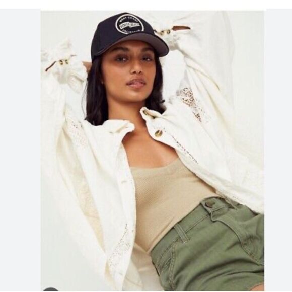 Free People Louisa shirt jacket cream Size XS Linen Blend Lace oversized - Picture 2 of 12